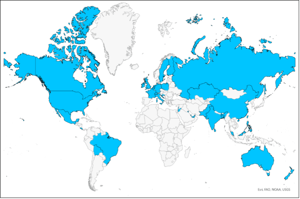 World map with countries highlighted signifying global range of Snapshot WI volunteers